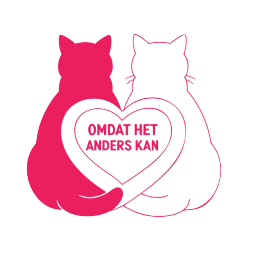 toont een fuchsia gevulde kat en een silhouet van een kat van achteren gezien die met hun staarten een hart vormen met de tekst "Omdat Het Anders Kan"